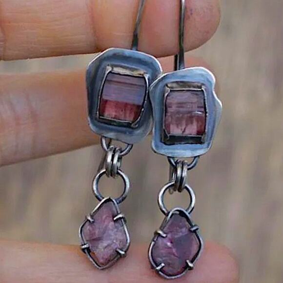 Vintage Handmade Geometric Dangle Earrings - Picture 2 of 3